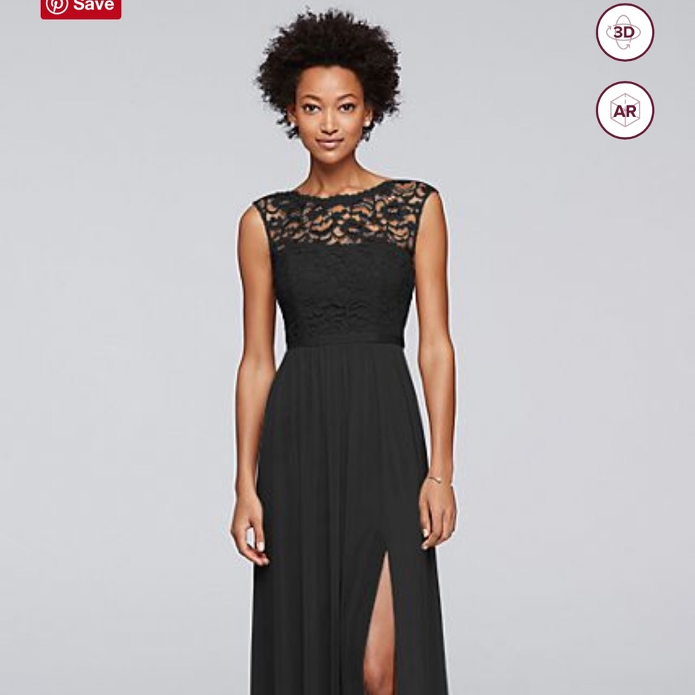 Davids Bridal f19328 black long bridesmaid dress with lace bodice